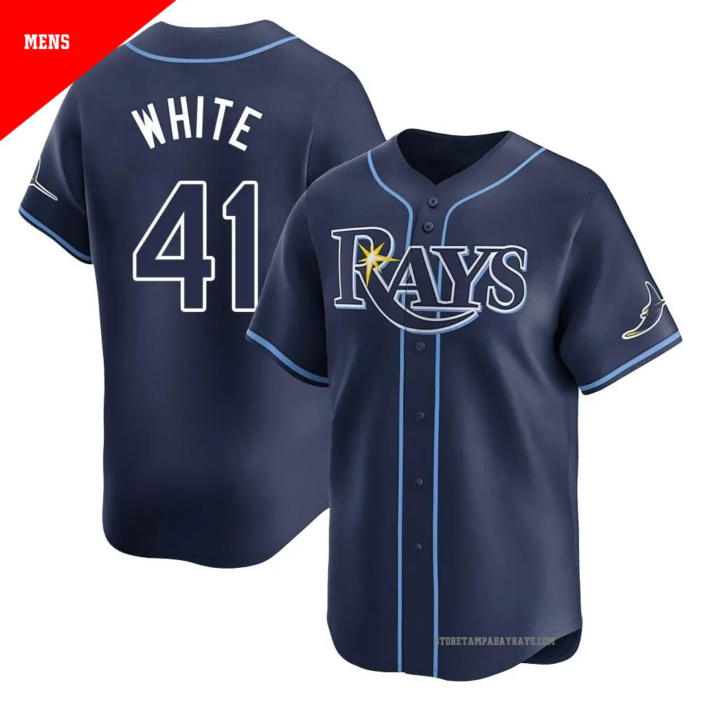 Men's ＃41 Colby White Tampa Bay Rays White Limited Navy Away Jersey